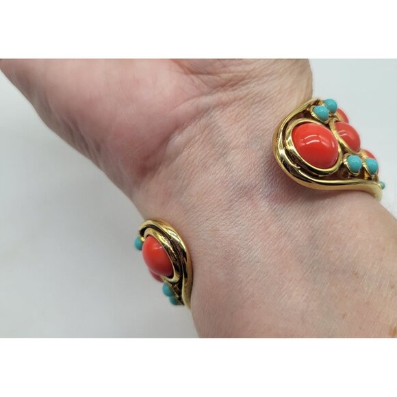 Faux Coral Turquoise Cabochon Open Cuff BOHO Gold Tone Bracelet *flaw - Picture 4 of 9